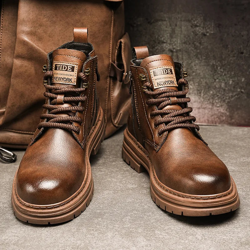 Men's shoes 2026 new trendy autumn and winter high top leather shoes American retro workwear boots Knight motorcycle short boots